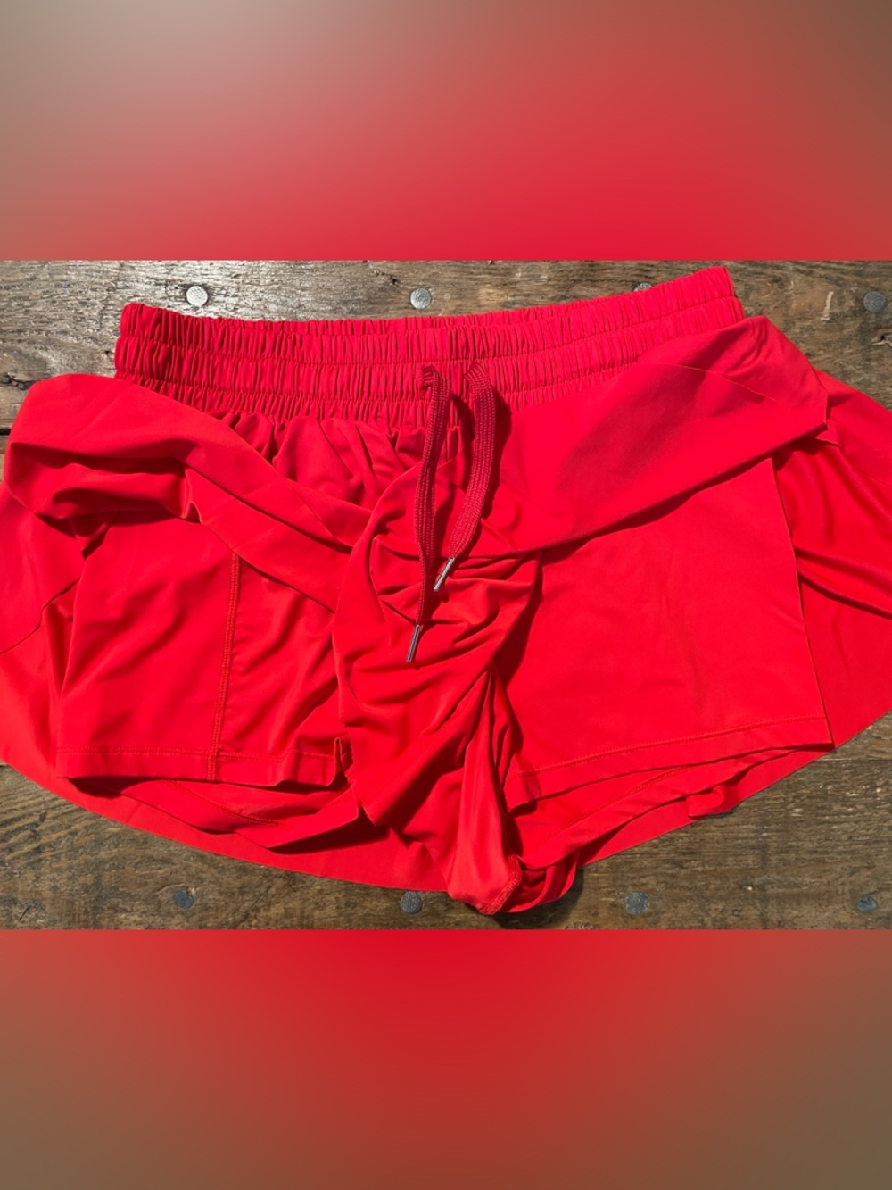 Women's Red Layered Athletic Shorts with Drawstring Waist - Picture 3 of 4